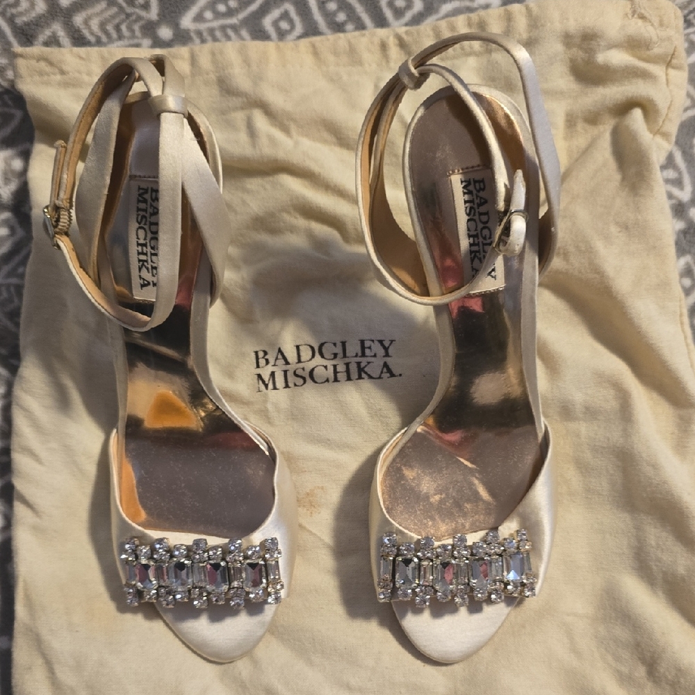 Badgley Mischka Ivory Satin Heels with Jewel Accents